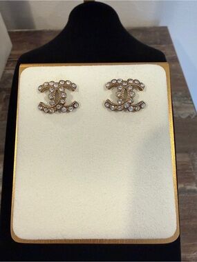 Chanel Crystal CC Logo Stud Earrings – Gold Tone | COA Included